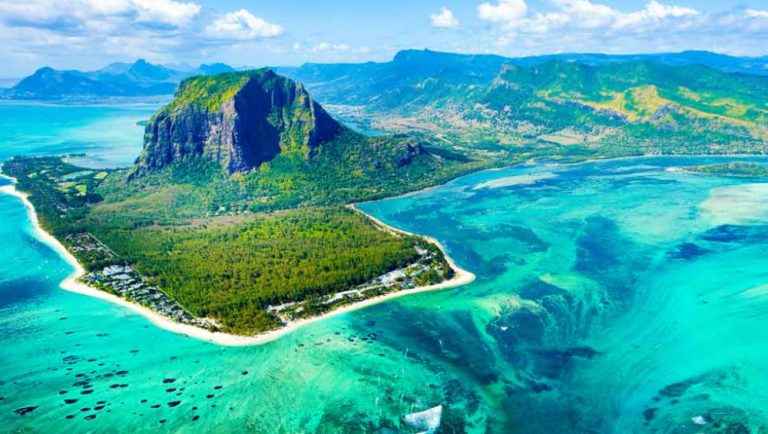 discover mauritius Drone Shot of the underwater waterfall mauritius