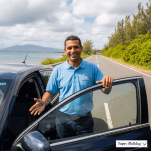 Driver on the road with a beach and mountain