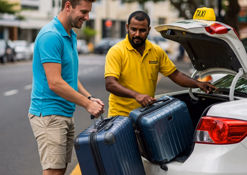 Mauritian Driver helping tourish unload his luggages from taxi