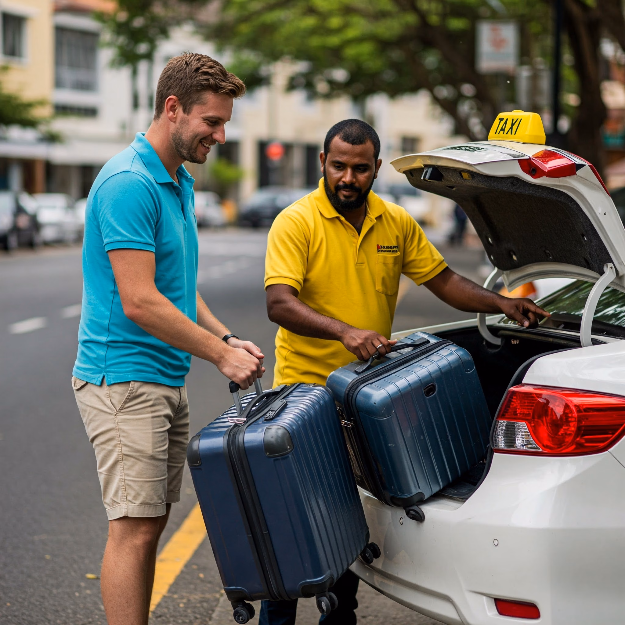 Tourist Dropoff Mauritius Mauritian Driver helping tourish unload his luggages from taxi