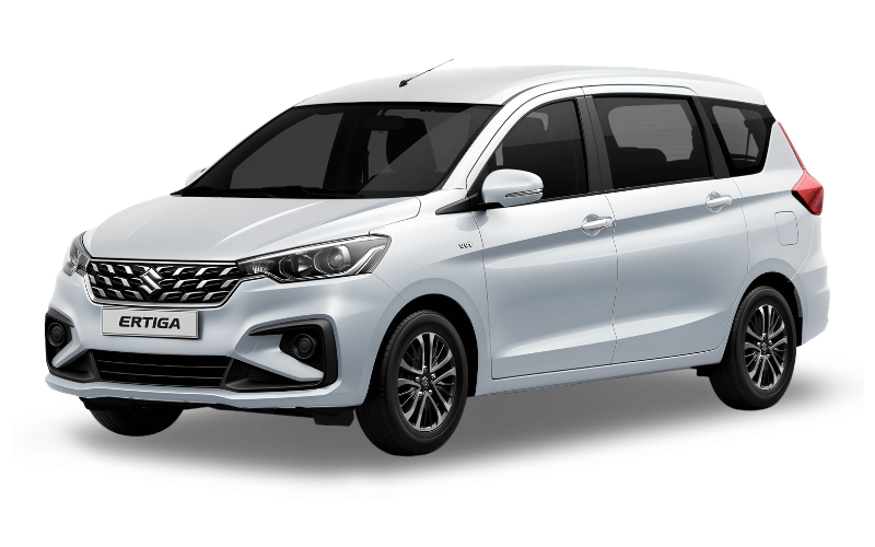 White Suzuki Ertiga compact MPV shown from front side angle on a white background